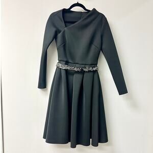 Badgley Mischka Asymmetric Neck Belted Pleated Fit & Flare Dress Black Women's 2